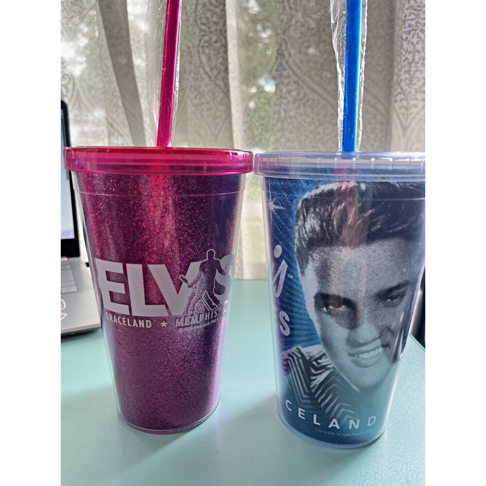 Elvis Graceland BPA-Free 23 oz Tumblers w/ Lids & Straws Set of 2 Pink/Blue NWT